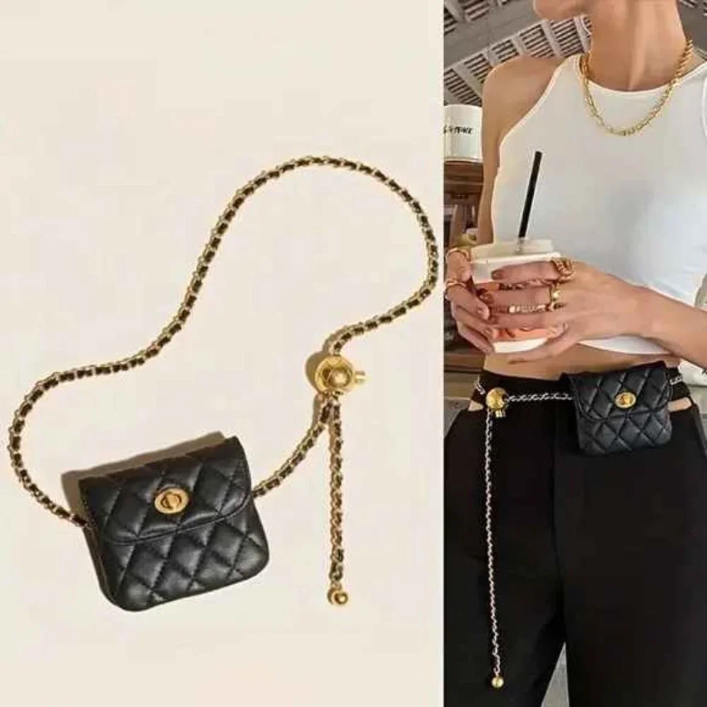 Mini Quilted Chain Crossbody Handbag, Waist Bag Purse Fanny Pack Black - Picture 1 of 7